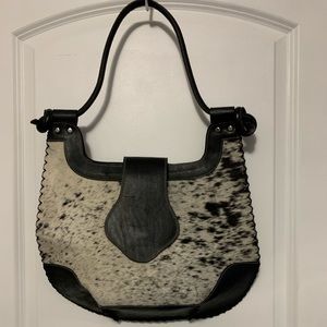 Black leather cow fur handmade purse